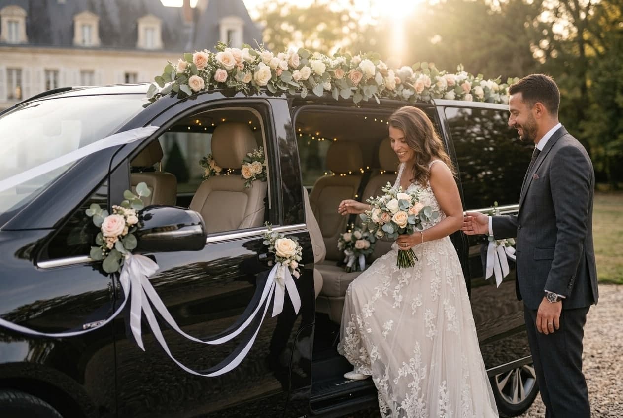 La mariée descend du van décoré