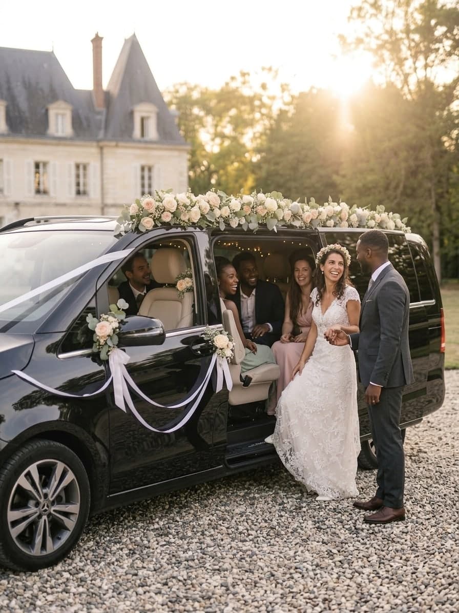 Les mariés et leurs invités à bord du van