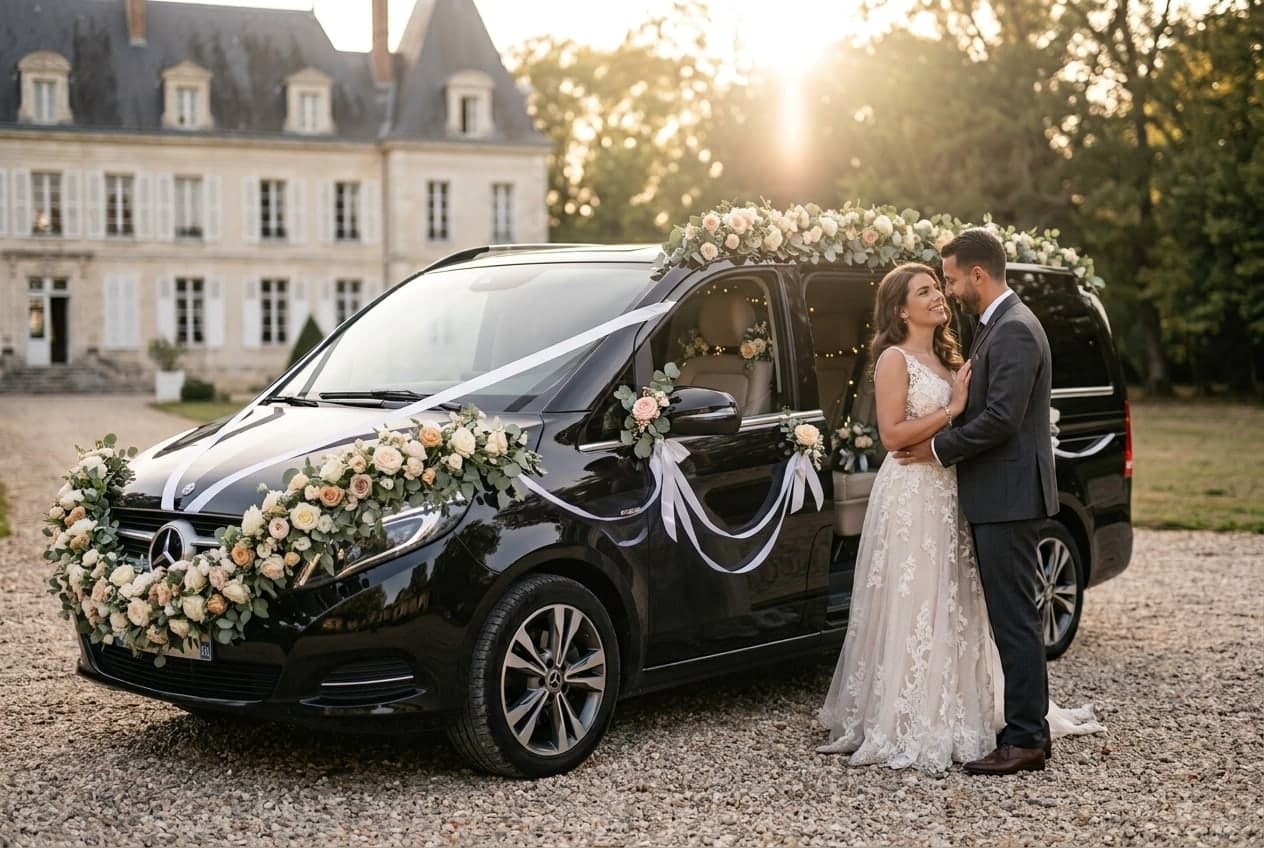 Van de mariage décoré devant un château