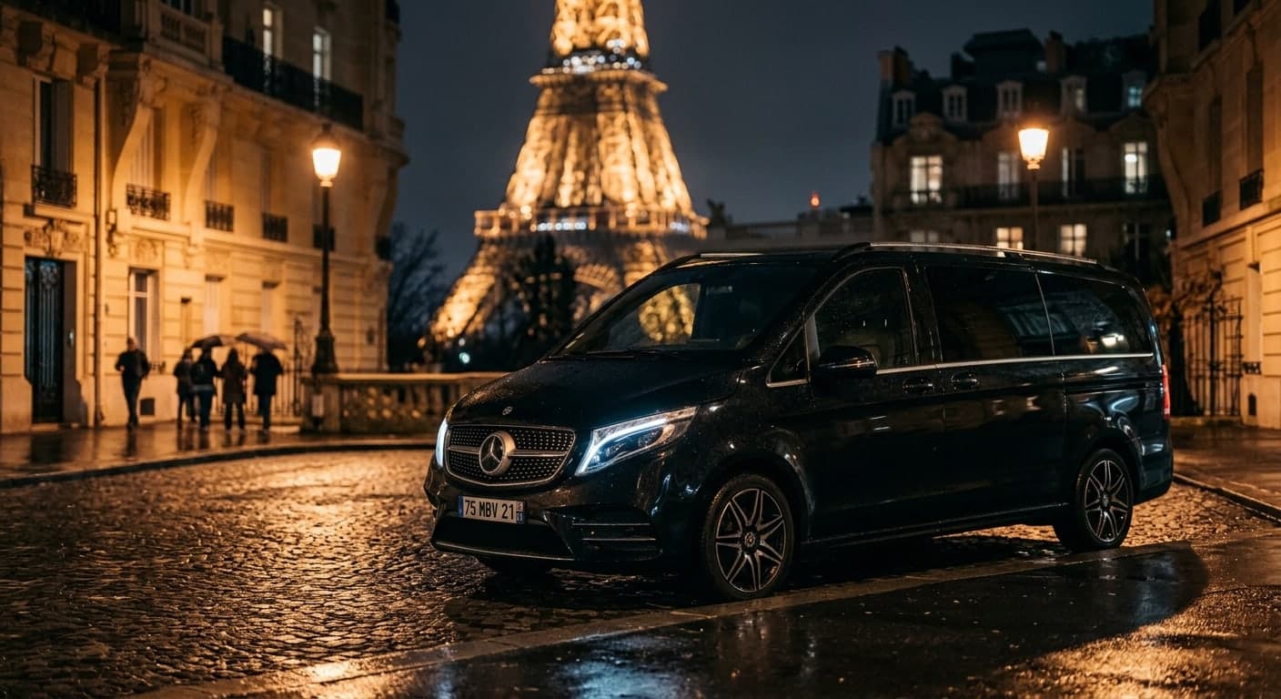 Van noir garé sur les pavés de Paris, de nuit